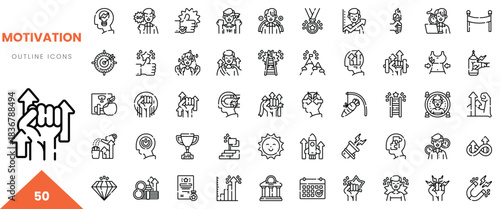 Collection of motivation-themed outline icons featuring diverse concepts and symbols.