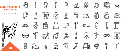 A collection of mountaineering and climbing outline icons showcasing gear and activities.
