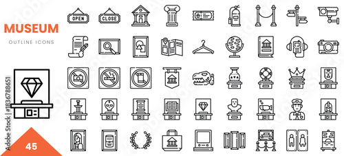 Various outline icons representing museum themes and exhibits in a minimalist design.