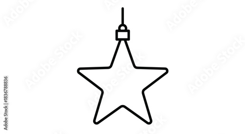 Simple black outline of a five-pointed star hanging ornament, a minimalist icon for decoration isolated on a white background.
