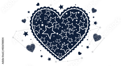 Dark blue grunge-textured heart filled with white stars, surrounded by smaller hearts and constellations on a white background.