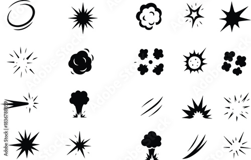 Comic energy explosion. Cartoon white explosions, fireballs and blast, impact flashes with fire flame, smoke and burst, games animation manga puff explosive effect. Boom explode black and white 