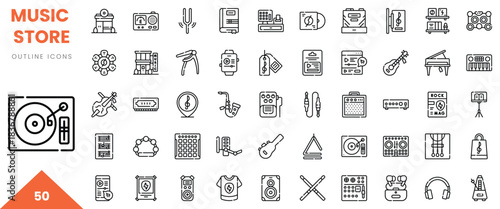 A diverse collection of music-themed outline icons in a minimalist style for various applications.