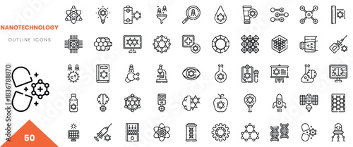 Set of outlines showcasing nanotechnology concepts including molecules, devices, and research tools.