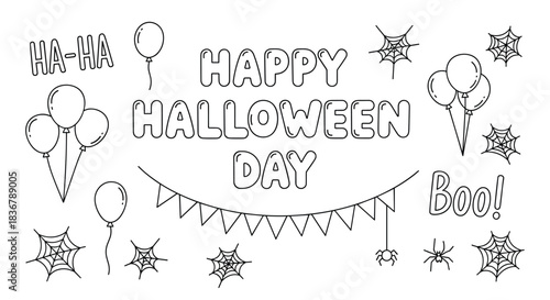 Hand-drawn Halloween doodle set with festive text, balloons, spiderwebs, and spiders, outlined for coloring or decoration.