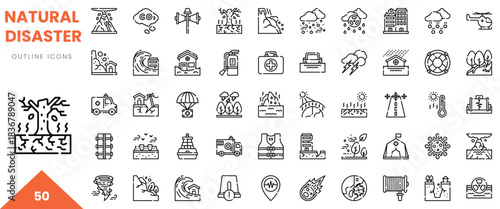 A collection of minimalist outline icons representing various natural disasters and safety measures.