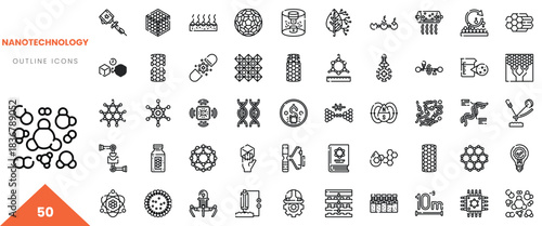 A diverse collection of 50 nanotechnology outline icons showcasing scientific symbols and concepts.