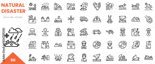 Stylized icons representing various natural disasters including floods, earthquakes, and hurricanes.