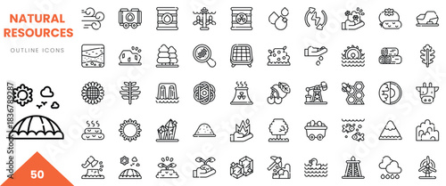 A collection of outline icons representing various natural resources and environmental elements.