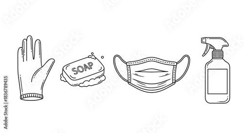 Hand-drawn set of personal hygiene and protection items including a glove, soap, face mask, and spray bottle sanitizer.