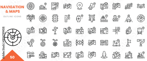 A collection of 50 navigation and map outline icons in a minimalist black-and-white design.