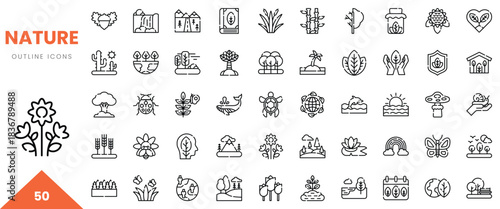 A collection of nature-themed outline icons showcasing flora, fauna, and landscapes.