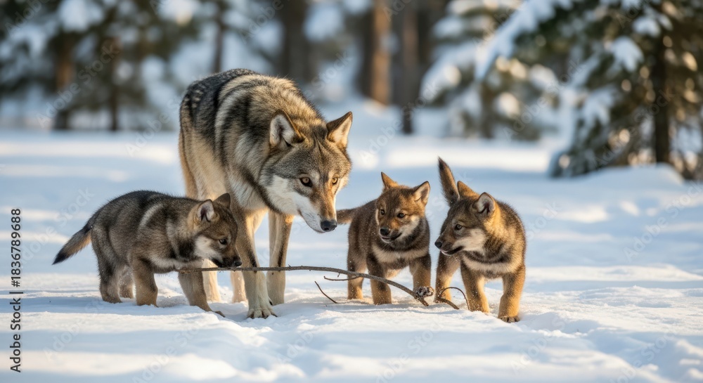 Naklejka premium A wolf and her two playful pups explore snowy terrain in a serene winter landscape with trees.