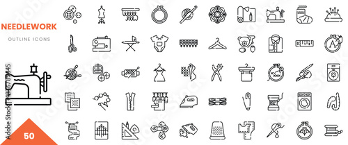 A collection of 50 outline icons representing various sewing and needlework tools and concepts.