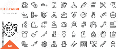 A collection of needlework outline icons including tools and garments for sewing enthusiasts.