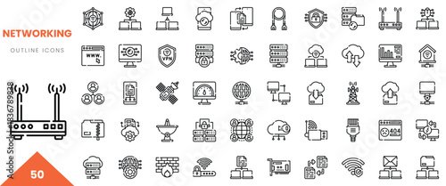 A detailed collection of networking outline icons showcasing various technologies and devices.
