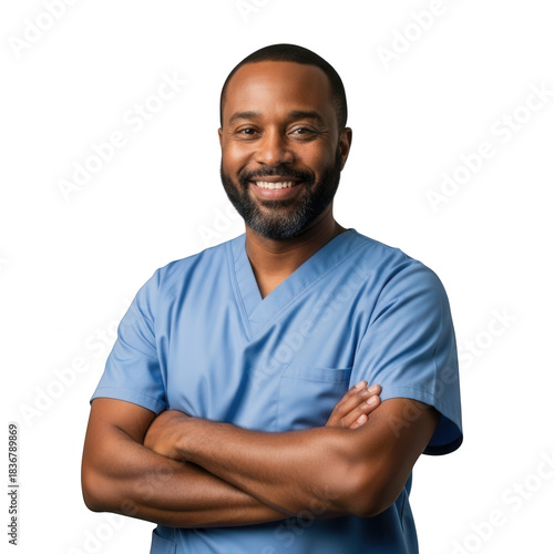 Smiling male doctor in blue scrubs with arms crossed on white isolated on transparent background