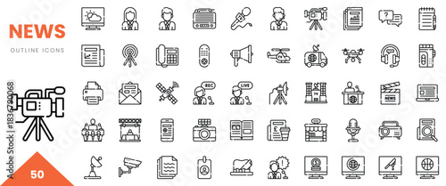 Collection of 50 outline icons illustrating various aspects of news media and reporting.