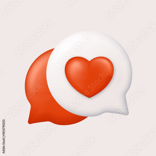 Realistic red color speech bubble with heart. Red heart of rate or feedback. Love emoji icon. Social media marketing, like button sign, and comment in social media concept. 3D vector render concept.