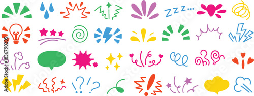 Comic doodle expression. Cartoon manga effect, speech bubble, lightning arrow, lightbulb idea, love and shock, angry emoji expressive symbol. Spiral, tears and stars vector art and illustration