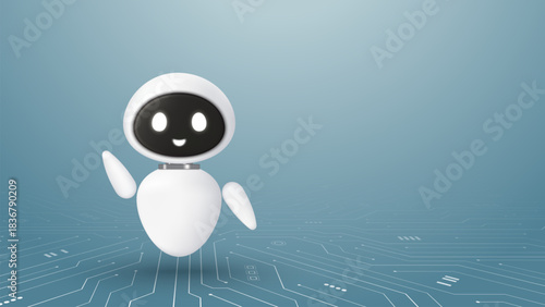 A cyborg or robot on a circuit background. Concept of AI and machine learning. Artificial intelligence robot assistant for online customer support. Innovation and business. 3D vector illustration.