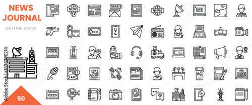 A collection of monochrome news-themed outline icons representing various aspects of journalism.