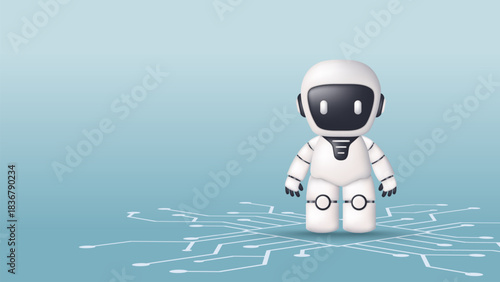 A cyborg or robot on a circuit background. Concept of AI and machine learning. Artificial intelligence robot assistant for online customer support. Innovation and business. 3D vector illustration.