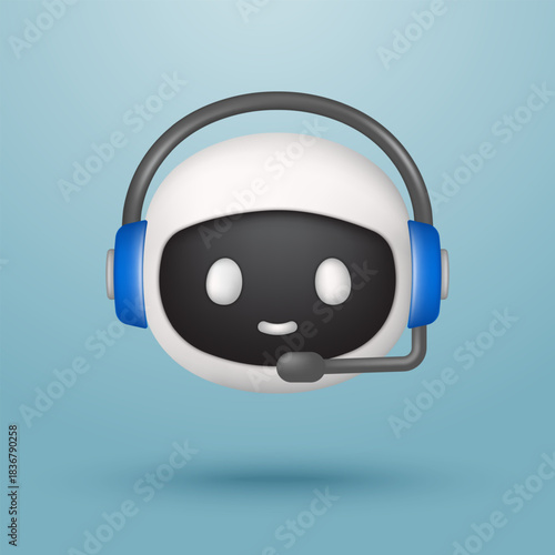 A cyborg or robot with a microphone and headphones realistic. Concept of artificial intelligence robot assistant for online customer support. AI voice support service bot. 3D vector illustration.