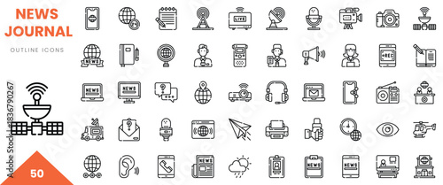 A collection of 50 outline icons depicting various aspects of news and journalism.