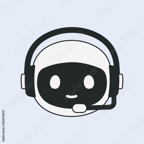 A cyborg or robot with a microphone and headphones. Concept of artificial intelligence robot assistant for online customer support. AI voice support service bot. Vector illustration.