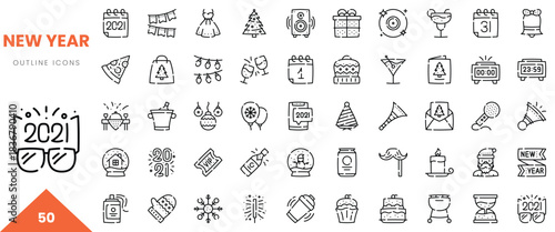 Collection of festive New Year outline icons, perfect for holiday celebrations and designs.