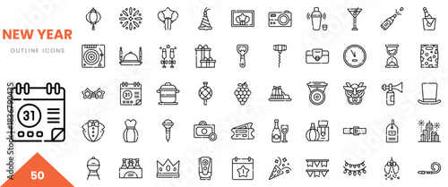 A collection of 50 outline icons representing New Year celebrations and festivities.