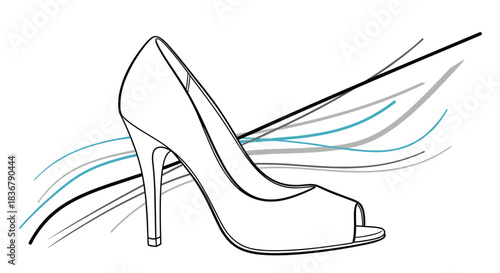 Elegant line art of a peep-toe high heel shoe with abstract blue and grey flowing lines creating a sense of movement.