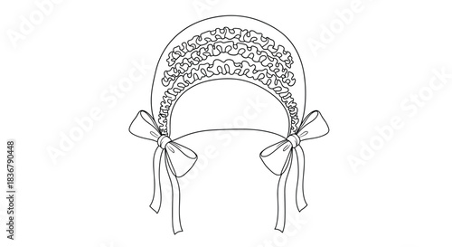 Delicate line art drawing of a vintage-style baby bonnet with frilly lace details and two large bows tied at the sides.
