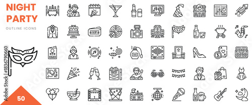Line art icons representing a vibrant night party atmosphere with various festive elements.