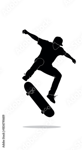Dynamic silhouette of a skateboarder mid-air, executing an impressive trick with style and agility, embodying urban sport culture and youthful freedom