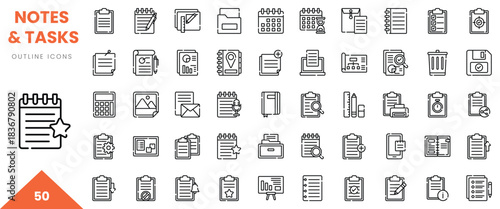 A collection of 50 minimalist outline icons for notes and tasks, featuring various organizational elements.