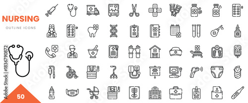 Collection of outline icons related to nursing, including medical tools and symbols.