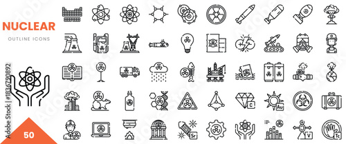 A collection of 50 nuclear-themed outline icons featuring symbols of science and safety.
