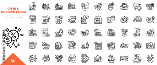 A collection of 50 outline icons representing various sale and discount labels.