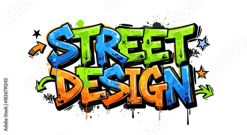 Colorful Street Design Graffiti Art with Arrows and Stars on White Background.