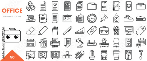 Collection of 50 office outline icons in a minimalistic style, showcasing various office tools and elements.