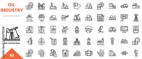A collection of 50 line icons representing various aspects of the oil industry.