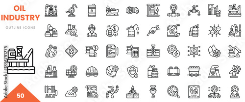 A collection of 50 oil industry outline icons, featuring drilling rigs, tools, and safety symbols.