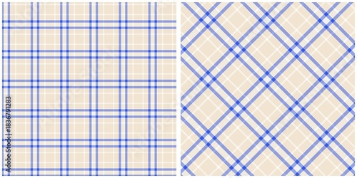Set of Two Beige and Blue Plaid Seamless Patterns