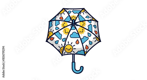 Colorful Cartoon Umbrella with Sun Clouds and Raindrops.