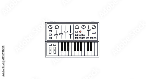 Detailed Line Drawing of a Compact Synthesizer Keyboard with Knobs and Sliders.