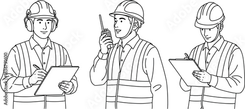 Set of three construction or safety engineer line art drawings: taking notes, using a walkie-talkie, and inspecting, all wearing hard hats and safety vests vector illustration.