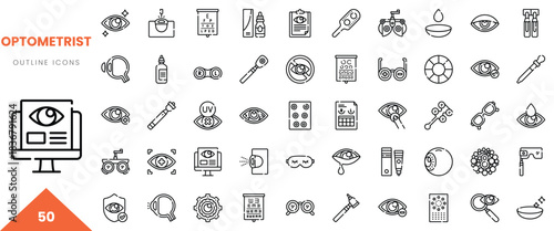 Collection of outline icons related to optometry, including tools and eye care products.