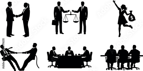Set of business, finance, and legal silhouettes: handshakes, tug of war, negotiation, justice scales, and successful person with money bag, representing agreement and conflict vector.